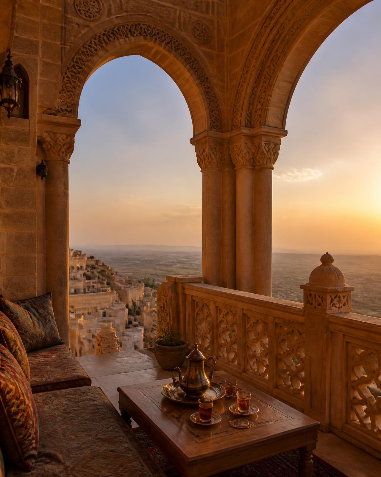 Golden-hour view from a historic Mardin stone terrace over the Mesopotamian plains