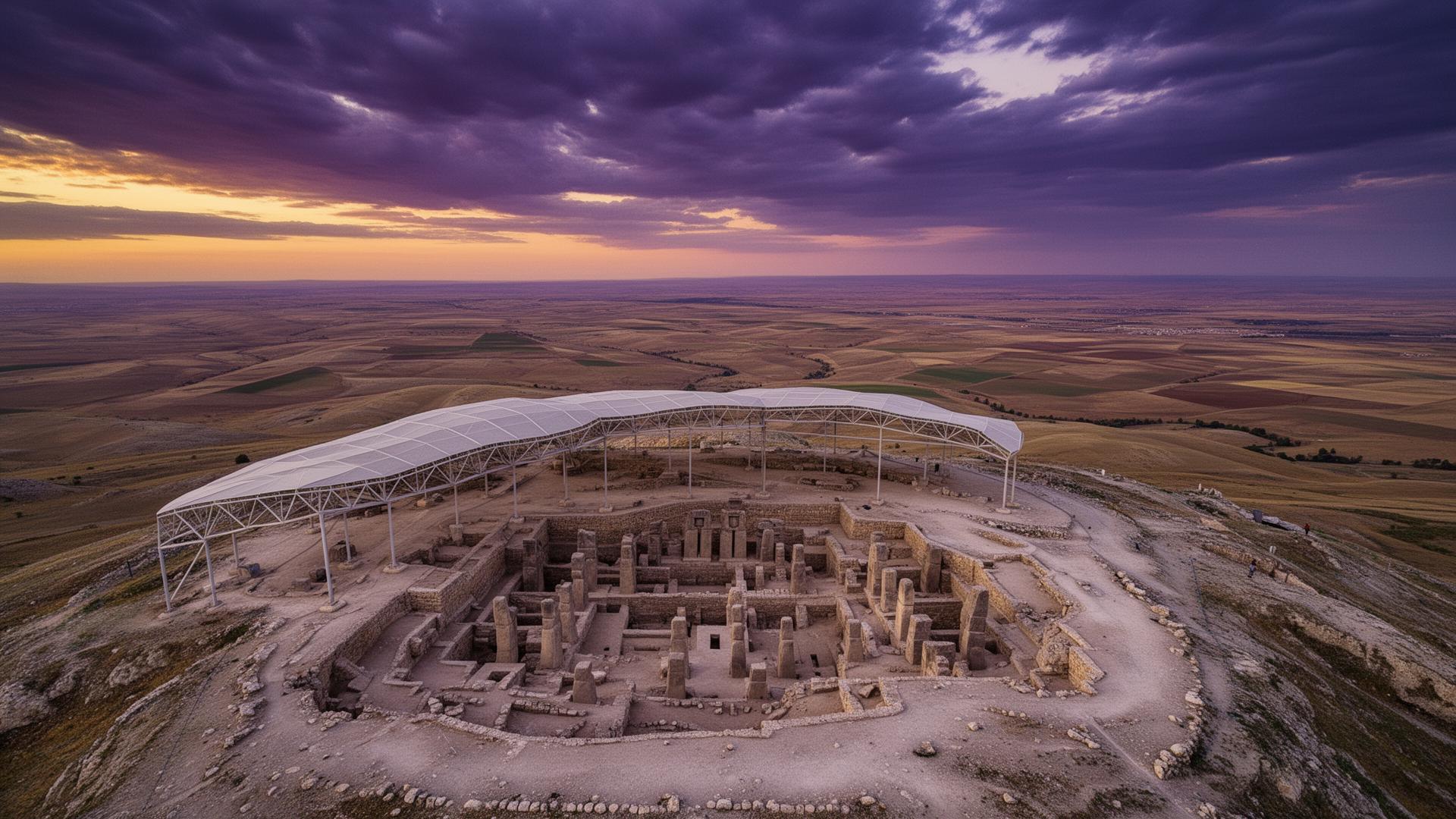 Hilltop panorama of Göbeklitepe with protective canopy and the Harran plain | Sumera Expeditions Hilltop panorama of Göbeklitepe with protective canopy and the Harran plain