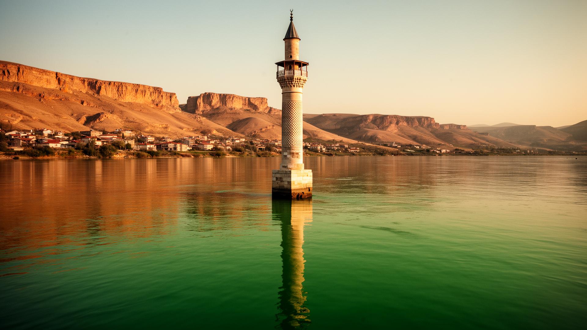 Half-submerged minaret of Halfeti rising from the Euphrates at golden hour | Sumera Expeditions Half-submerged minaret of Halfeti rising from the Euphrates at golden hour