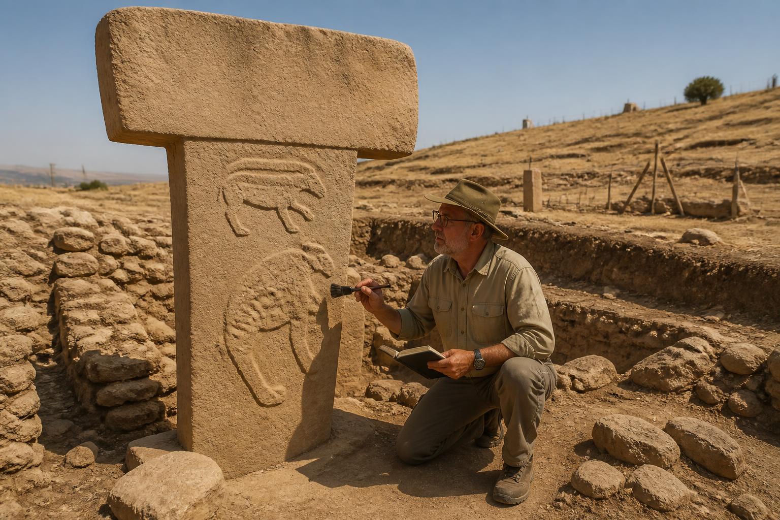 Klaus Schmidt carefully brushing dust from a carved T-pillar during the Göbeklitepe excavation
