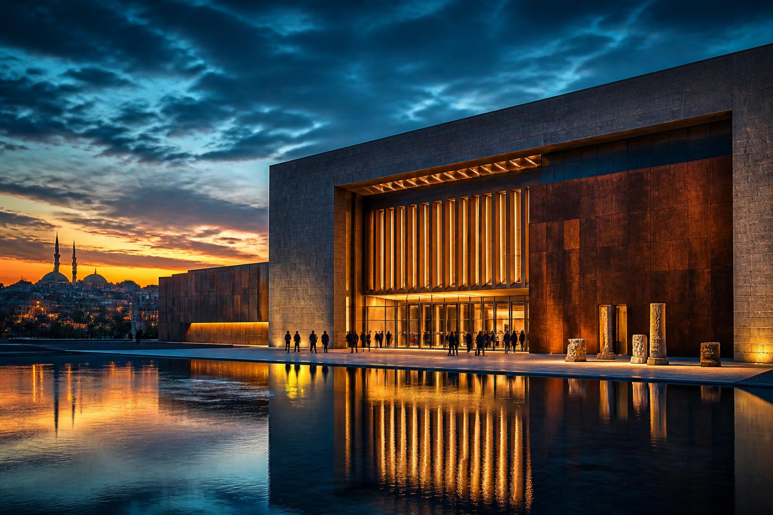 The Şanlıurfa Archaeology Museum exterior at blue hour, a modern limestone-and-glass pavilion set within the Haleplibahçe gardens.