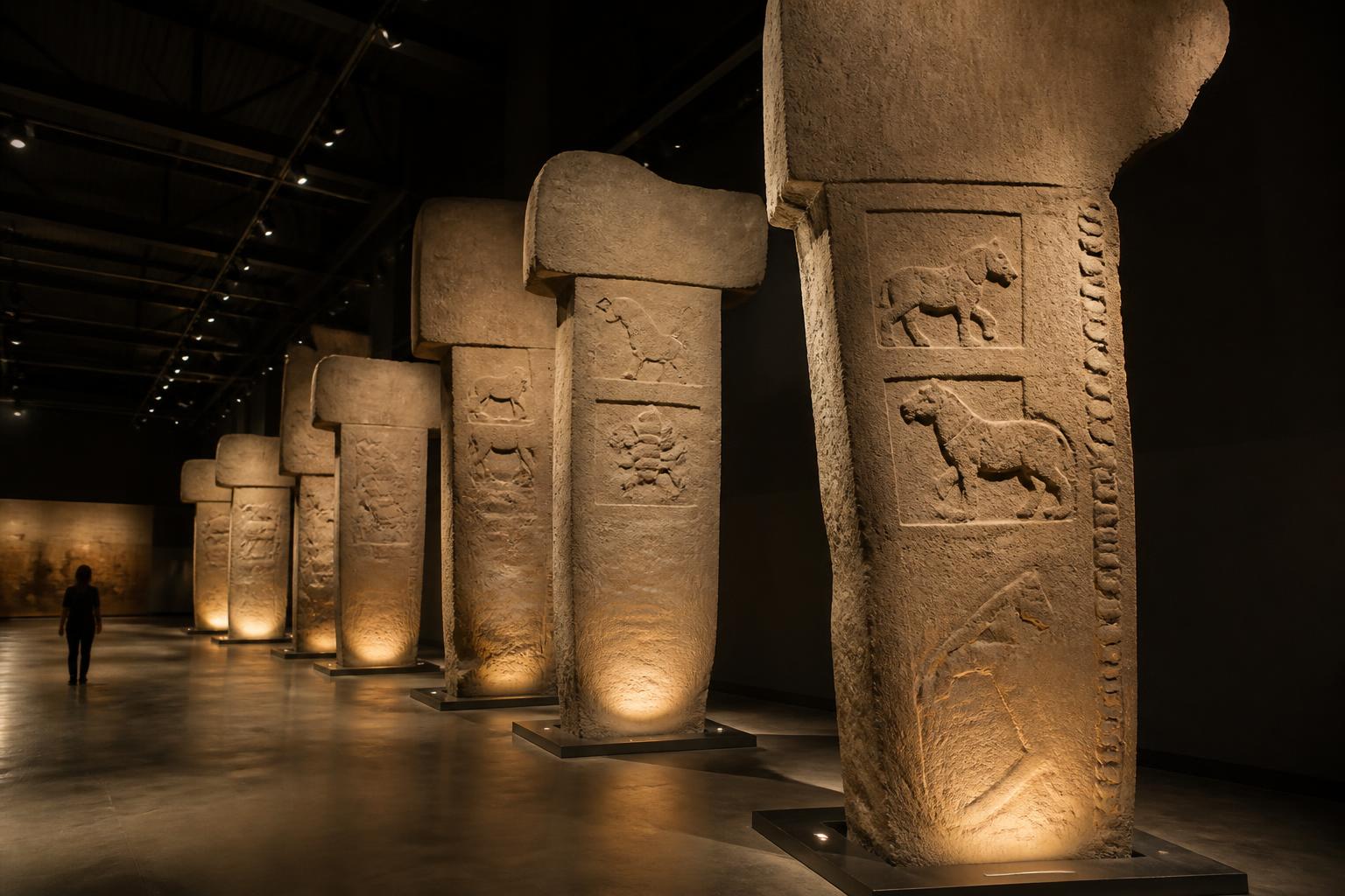 The Neolithic wing of the Şanlıurfa Archaeology Museum with original T-shaped pillars from Göbeklitepe and Karahantepe standing at full height.