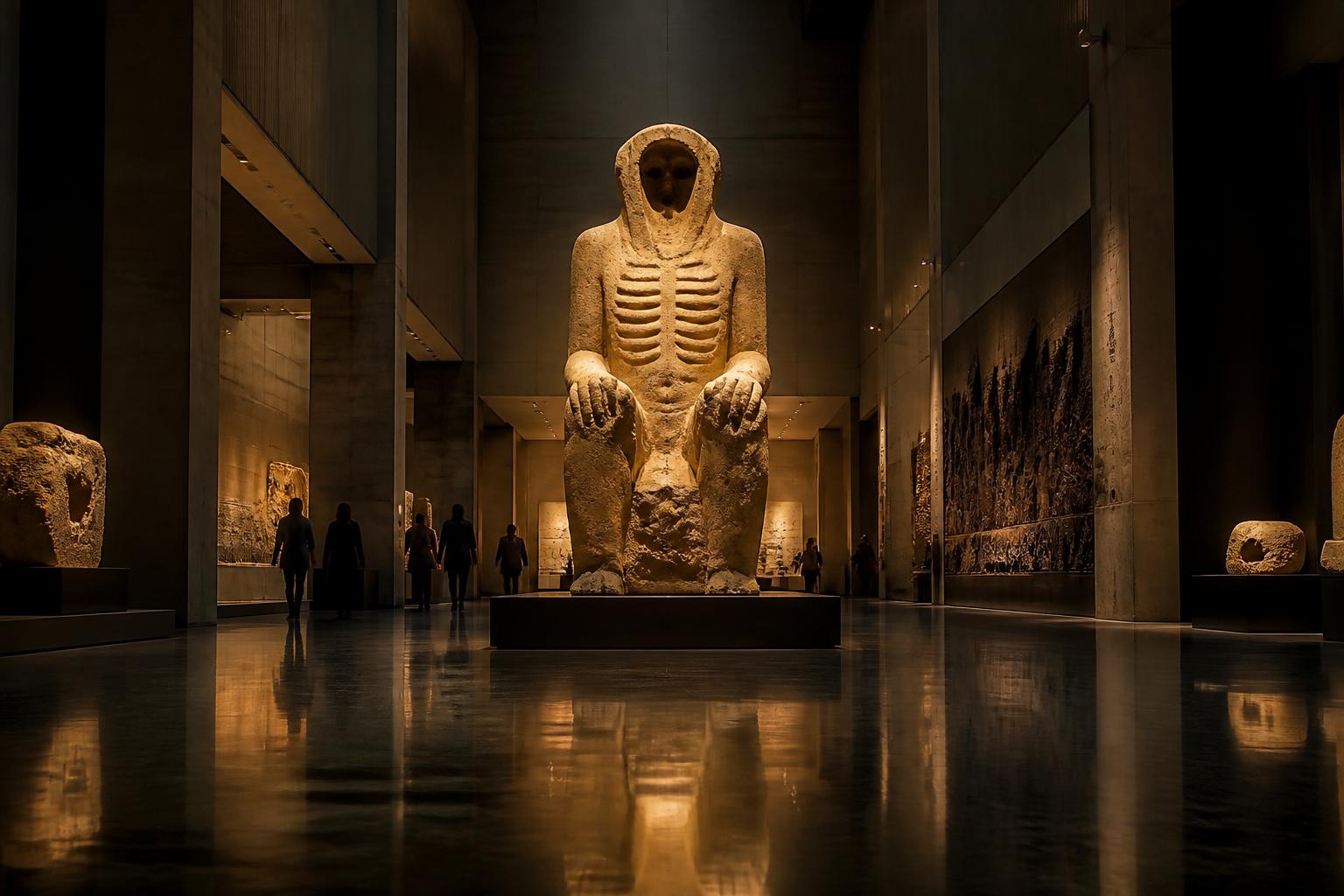The life-sized Neolithic seated statue from Karahantepe displayed under a single warm spotlight at the Şanlıurfa Archaeology Museum
