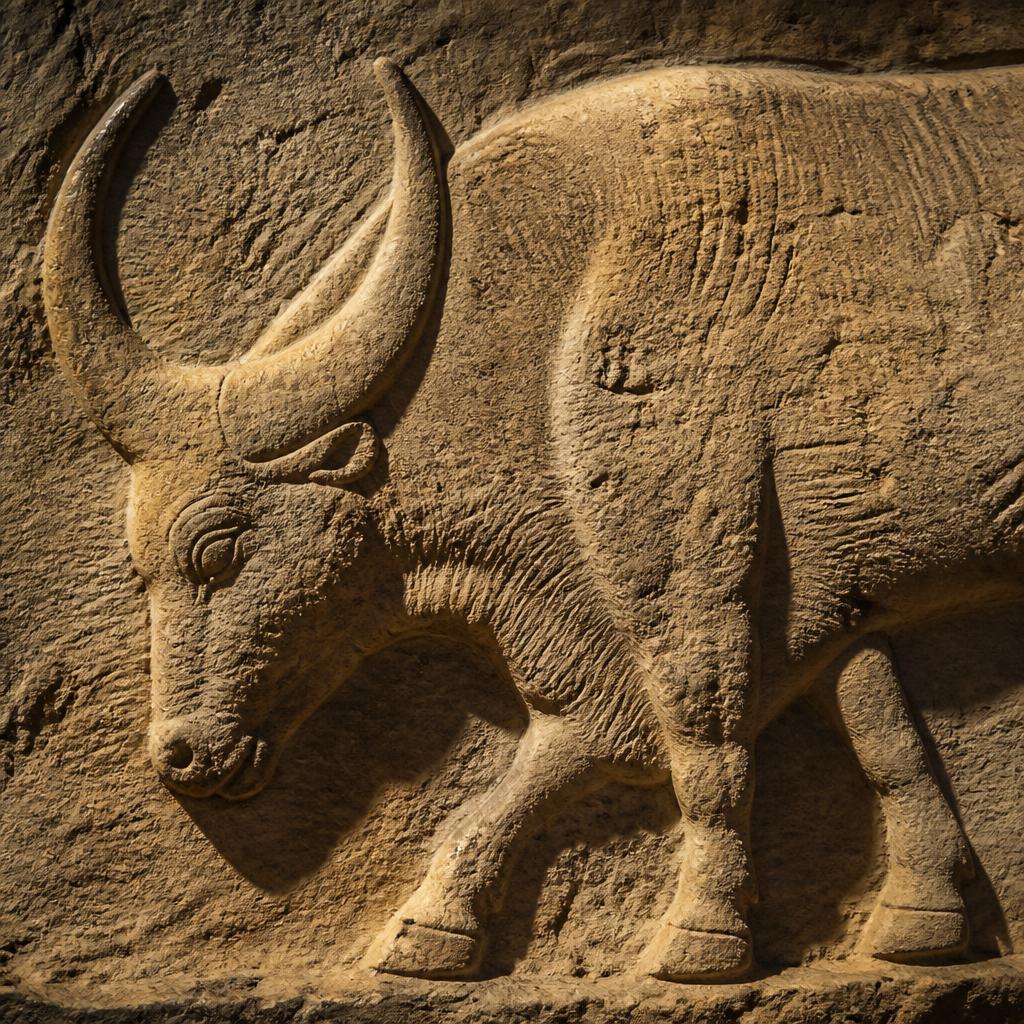 Detail of the carved aurochs from the Sayburç bench relief, horns lowered above a coiled snake.