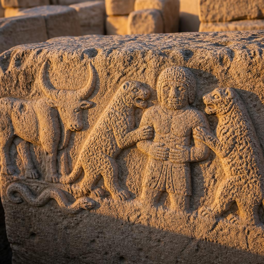 The Sayburç bench relief: a male figure flanked by two leopards beside a charging aurochs and a coiled snake.