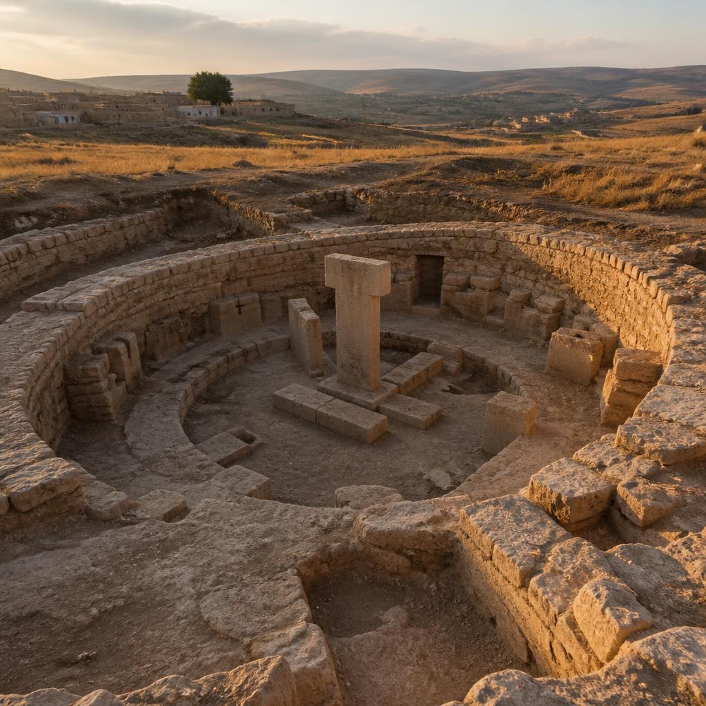 Circular Neolithic communal building at Sayburç excavated into bedrock with a central T-pillar.