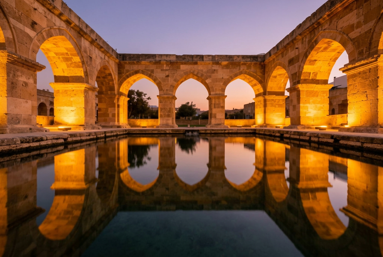 Sacred carp pool at Balıklıgöl in Şanlıurfa with arched stone arcade reflected in still water
